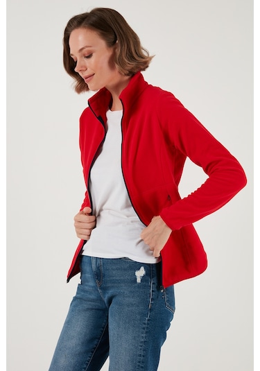 Lela Slim Fit Anti-Pilling Tüylenme Yapmayan Fermuarlı  Polar Bayan Hırka 5907012 Kırmızı