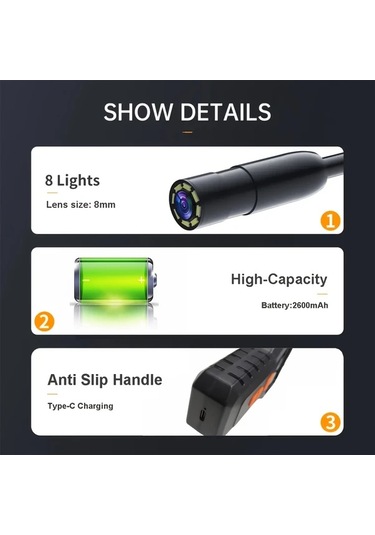 Xuweiwei Endoscope 2m 7874inch Yüksek Çözünürlüklü Kamera 8 Parlak Led Aydınlatma Karanlık Ortamlarda Net Görüntü Esnek Kontrol