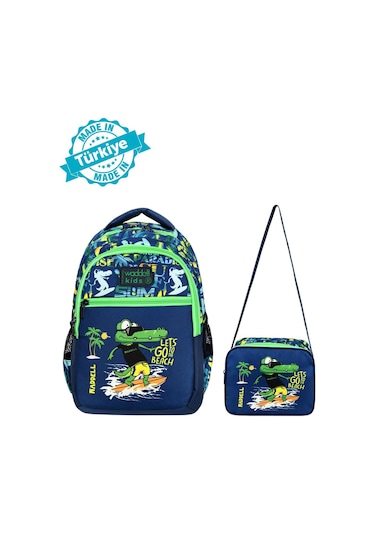Waddell Lisanslı Lacivert - Yeşil Timsah Desenli Erkek Çocuk İlkokul Sırt Çantası Ve Beslenme Çantası