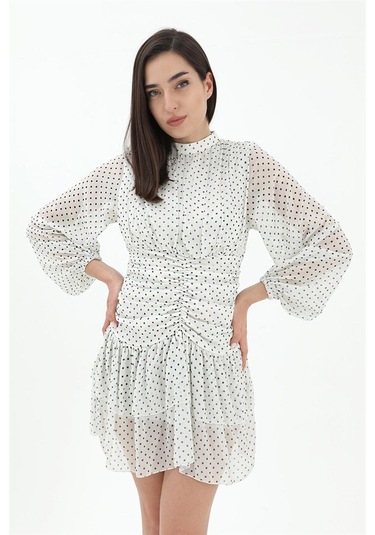 Büzgülü Puantiyeli Şifon Elbise - Ekru-ekru Ekru