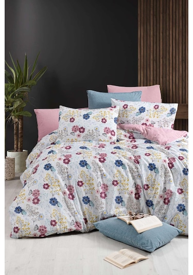 Lastikli Çarşaflı Tek Kişilik Nevresim Takımı Oillet Gül Kurusu-lacivert