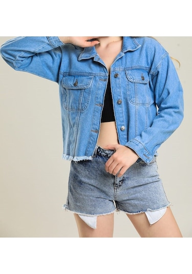 7014 Kadın Kadın Düğmeli Jeans Denim Kot Ceket Siyah