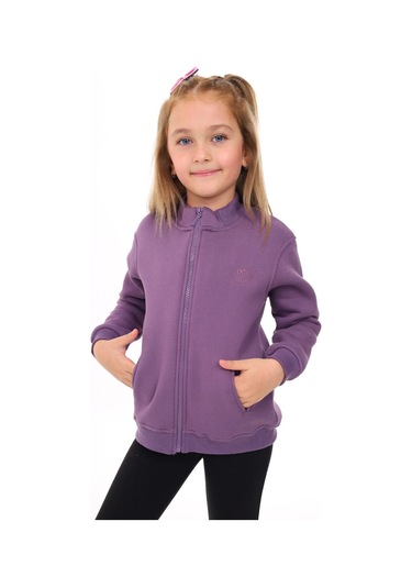 Toontoy Kız Çocuk Dik Yaka Fermuarlı Yarım Düşük Omuz Örme Hırka - 2 İplik Şardonlu Mor