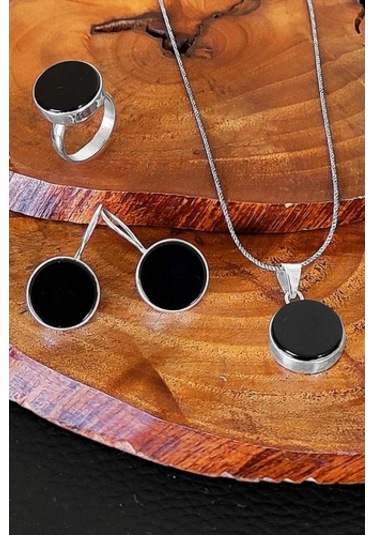 Yuvarlak Siyah Oniks Taşlı Gümüş Kadın Takım Yüzük Küpe Kolye Ucu