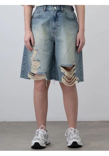 Kız Çocuk Yırtık Denim Kot Şort-15784 Mavi