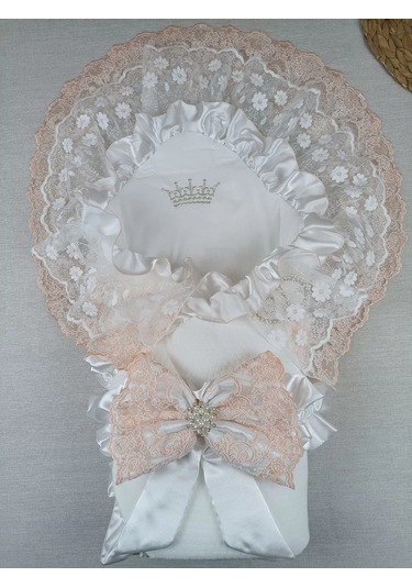 Yenidoğan Bal Peteği Taç Nakışlı Lüks Kundak Bebek Battaniyesi Ekru Çok Renkli