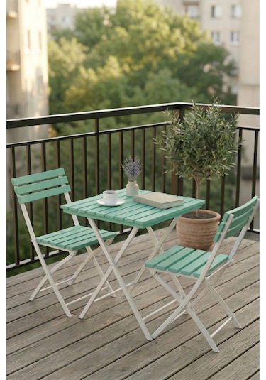 Katlanabilir 3'lü Masa Sandalye Bahçe & Bistro & Kamp & Balkon Takımı - Yeşil