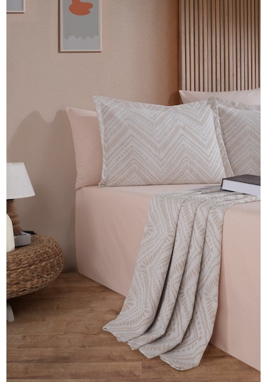 Elart Petra Keten Görünümlü Yatak Örtüsü Seti 3 Parça Çift Kişilik Ekru