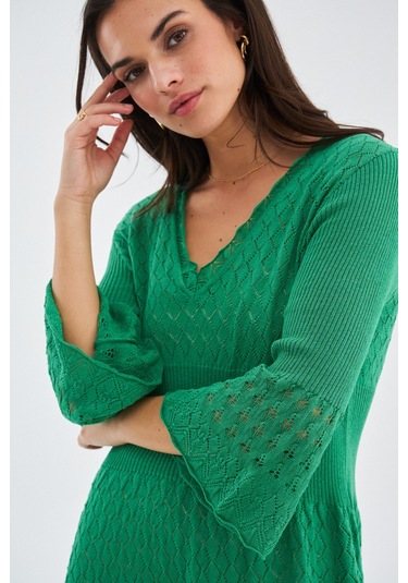 Peraluna YOHO DRESS Ajurlu V Yaka Diz Hizası Yazlık Kadın Triko E