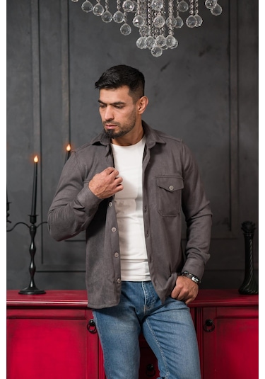 Advante Regular Fit Likralı Çift Cepli Pamuklu Astarsız Süet Gömlek Antrasit