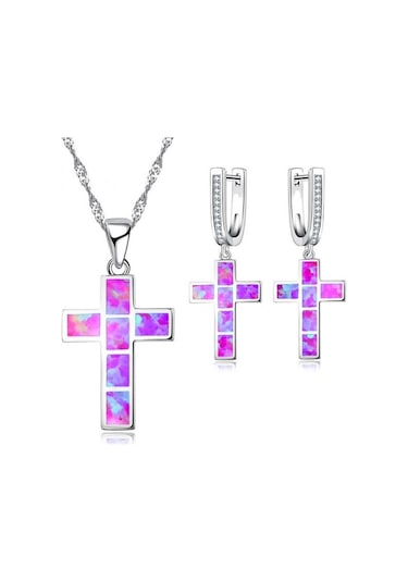 Mor Moda İsa Haç Aksesuarları Kadınlar Için Set İmitasyon Mavi Ateş Opal Çapraz Kolye Kolye Küpe Kadın Düğün Takısı Mor