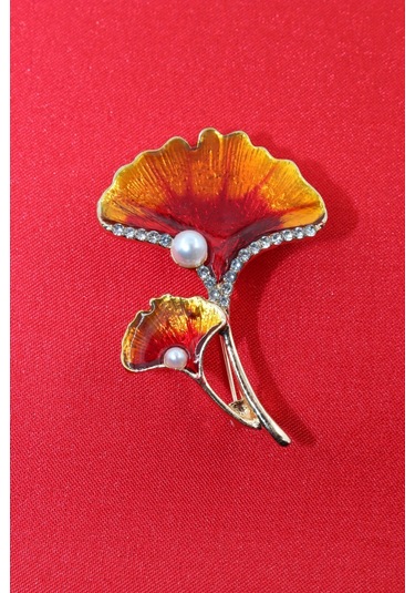 Ginkgo Yaprağı İncili Taşlı Broş. Yaka İğnesi Broş. Kadın Broş. Çiçek Broş. Ginkgo Broş. Gold Broş. Altın - Kırmızı
