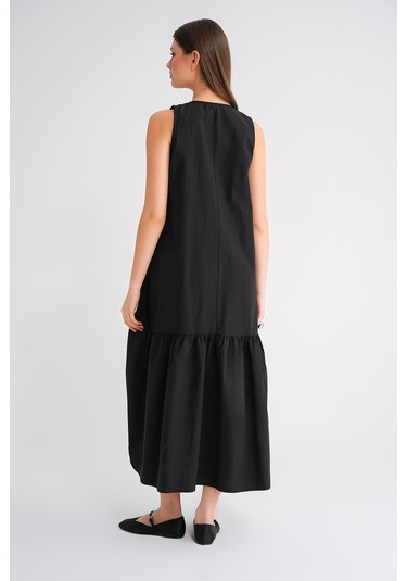 4695 Kadın Eteği Pileli Fermuar Detaylı Uzun Paraşüt Elbise Siyah Siyah