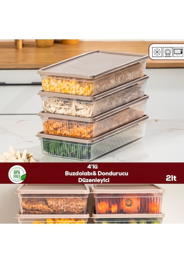 Porsima 5309 4 Lü Buzdolabı Ve Difriz Düzenleyici Saklama Kabı Seti - Bpa İçermez, Mikrodalga Uyumlu, Kapaklı, Gıda Saklama Kabı, Kapicino, 2 Lt Cappuccino