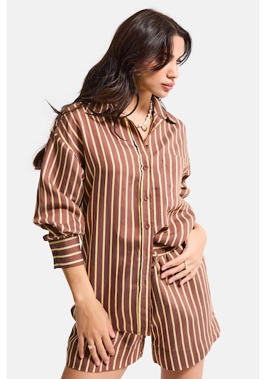 Itsbasic Kadın Kahve Çizgili S6-108 Oversize Rahat Kesim Gömlek