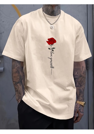 Guılan Erkek Yazlık %100 Pamuk Spor Tişört - Kırmızı Gül Desenli, Rahat Ve Gevşek Fitbej Bej