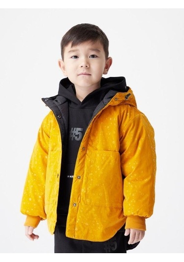 Çocuk Desenli Çift Taraflı Cepli Mont-13619 HARDAL