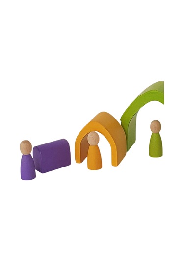 Waldorf Pastel Renkler 5'li Ev Ve 5'li Peg Bebek Seti Ahşap Oyunc