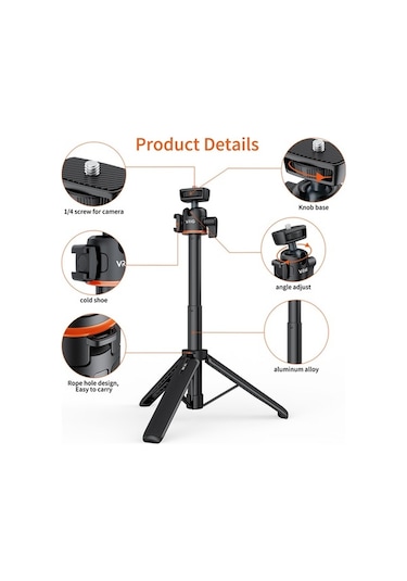 Fastbuy Vrıg Tp-06 Alüminyum Selfie Çubuğu, 1/4 Vida Bağlantısı, Soğuk Ayak, 1.5kg Yük, Siyah 20cm Katlanır, 55cm