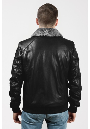 Derije Kelvin Hakiki Jumbo Deri Erkek Siyah Seyyar Kürk Yaka Mont Siyah