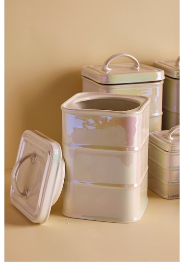 Bianca Pearl 7'li Porselen İnci Sedefli Kulplu Kapaklı Kare Form Baharatlık Takımı Beyaz Beyaz