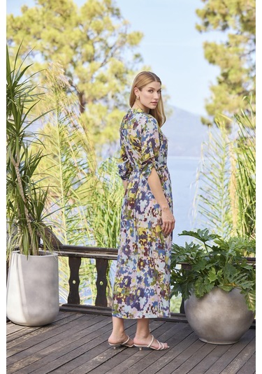 Monamise Kadın Desenli Ve Yırtmaçlı Önü Düğmeli Gömlek Yaka Elbise 25048 Mor