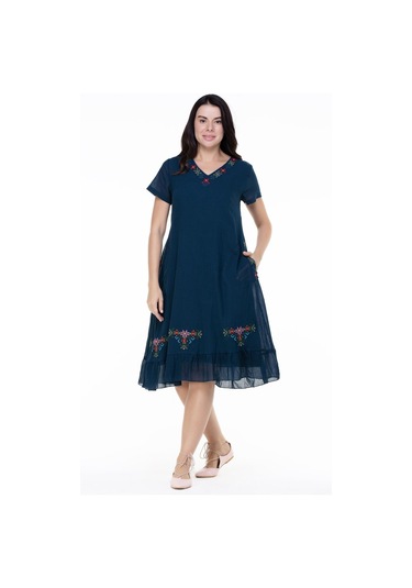 Kısa Kol Şile Bezi Mehtap Midi Boy Nakış Detaylı Elbise Petrol Ptrl-petrol Petrol