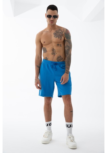 Erkek Mavi Yüksek Kalite Relax-fit Rahat Kesim %100 Pamuk Bağcıklı Siyah Düz Basic Şort Mavi