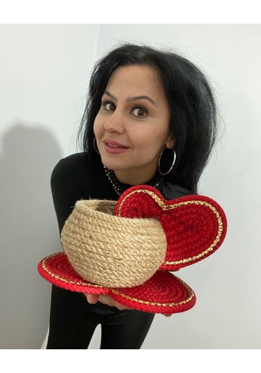 Sevgililer Günü Hediyesi, Kalpli Fincan Sepet, Dekoratif Sepet, Hediyelik Sepet, Dekor Sepet, Çok Amaçlı Sepet Kırmızı - Kahverengi