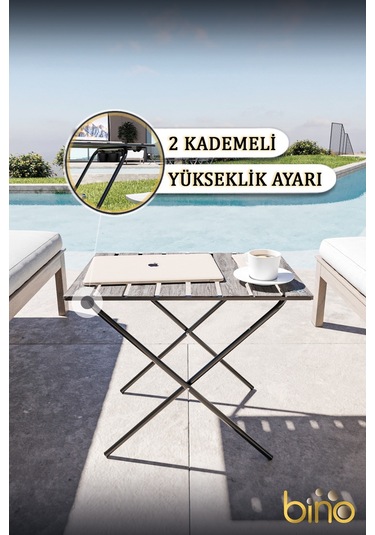 Bino Katlanır Yükseklik Ayarlı Ahşap Kamp Masası Piknik - Balkon - Mutfak Masası Siyah