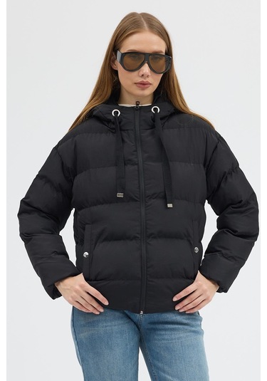 Çift Cepli Fermuarlı Su İtici Kumaş Normal Kesim Dolumlu Şişme Kadın Siyah Mont Tbmnt005 Siyah