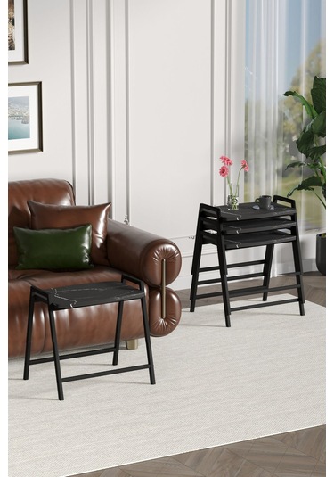 Zigon Sehpa , Aden 4'lü Tepsi Zigon Sehpa Takımı Siyah Metal - Siyah Mermer Tabla Siyah-siyah Mermer