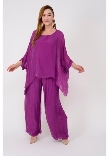İtalyan Yarasa Kol İpek Bluz & Pantolon Takım-8767 Leylak Çok Renkli
