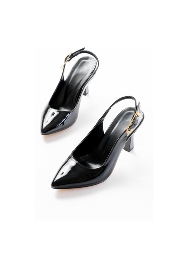 719 Siyah Rugan Sivri Burunlu Toka Detaylı Topuklu Kadın Aya... Siyah Rugan