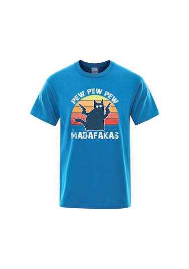 Teekossc Pew Pew Madafakas Erkek Kısa Kollu Komik Kedi T-shirt Vintage Yazlık Ekip Üstü Streetwear Chınafuşya Fuşya