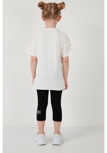 Lela Pamuklu Bisiklet Yaka Kısa Kollu Taytlı Alt-Üst Kız Çocuk Takım 6212007 Ekru