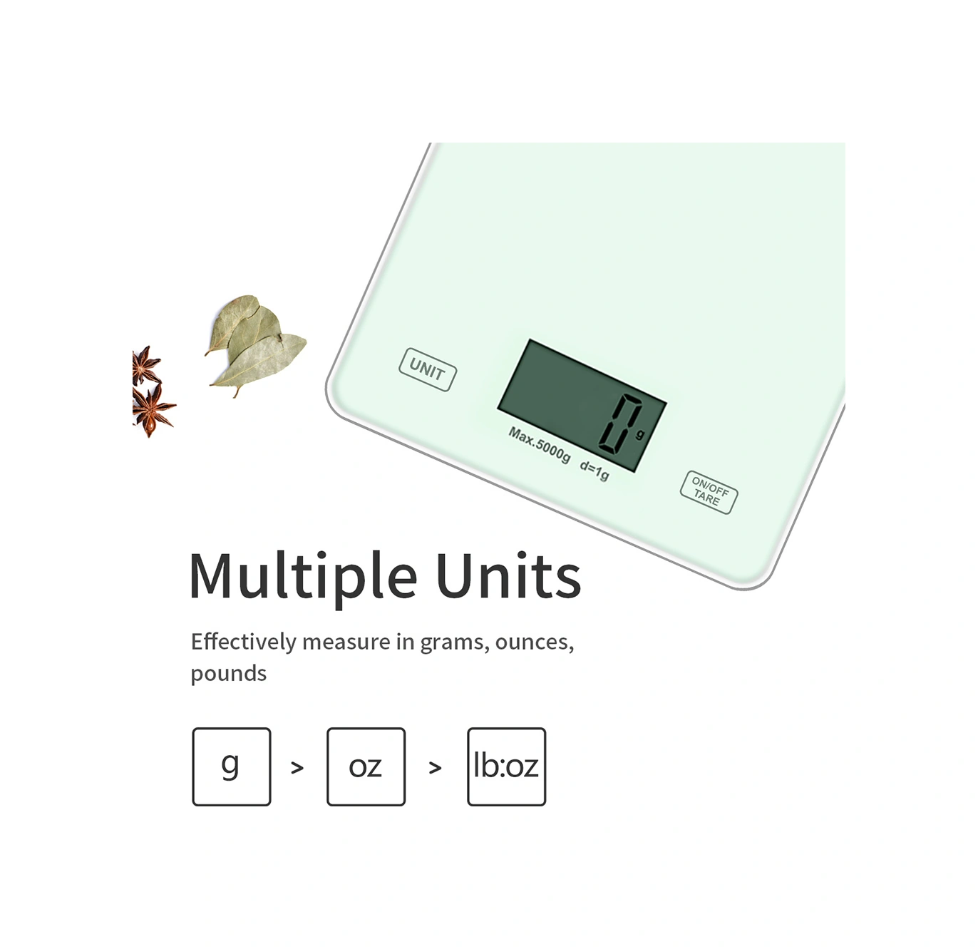 Lemestar Beyaz Mutfak Dijital Terazi 5kg/1g, Cam Platform, Hassas Sensor, Ölçü Birimi Dönüştürme, Yük Fazlalığı Göstergesi Pil Dahil Değil Çok Renkli