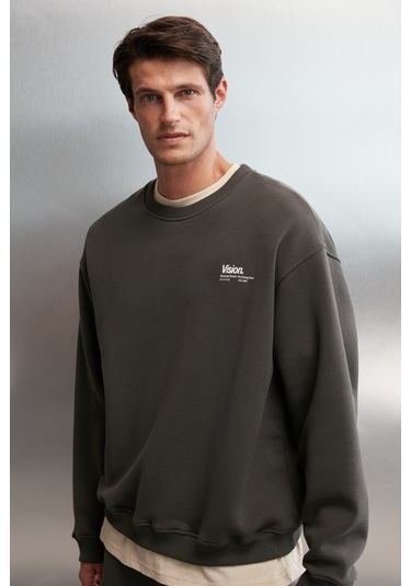 Ernest Erkek Yumuşacık Kumaşlı Oversize Fit Yuvarlak Yakalı Baskılı Gri Sweatshirt