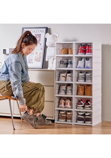 6 Katlı Kapaklı Katlanabilir Plastik Şeffaf Ayakkabı Dolabı Beyaz