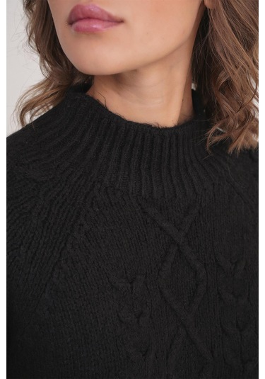 6855 Kadın Dik Yaka Saç Örgülü Triko Kazak Siyah Siyah