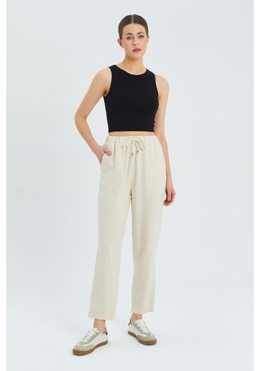 4566 Kadın Lastikli Bel Keten Pantolon Naturel Naturel