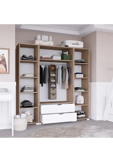 Nisan Açık Ceviz-beyaz 4 Kapılı 2 Çekmeceli Elbise Dolabı - Gardırop Seti Açık Ceviz & Beyaz