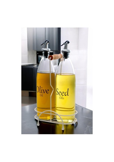 Digithome Aura 2'li Krem Metal Standlı Ahşap Saplı Yağdanlık Seti Şeffaf Etiketli Cam Yağlık 1000 Ml Cys-20 Krem