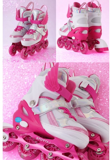 Melek Kanatlı Işıklı Çocuk Pateni Silikon Teker Ayarlanabilir Paten Taşıma Çantalı Fuşya Koyu Pembe