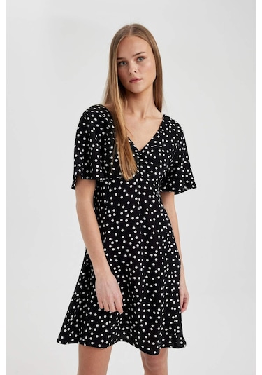 Defacto V Yaka Puantiyeli Maroken Mini Kısa Kollu Elbise B0127AX24SPBK27