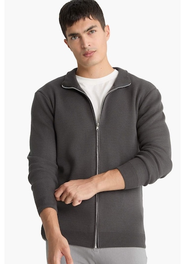Defacto Standart Fit Dik Yaka Fermuarlı Triko Hırka C8158ax25augr308 Gri