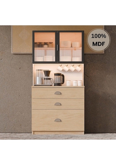 Ladin Mdf Kahve Köşesi Dolabı Çekmeceli Işıklı Bej