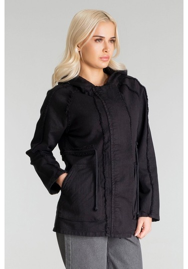 Kadın Power Likralı Pamuklu Kumaş Kapişonlu Fermuarlı Kordonlu Pis Dikişli Mont Siyah