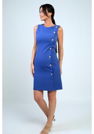 Kadın Kendinden Telalı Yan Düğmeli Kısa Elbise-41000 Indigo