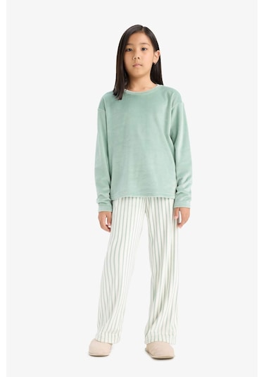 Defacto Kız Çocuk Pijama Takımı Polar Uzun Kollu Üst Çizgili Uzun Alt D1068a825wngn1123 Yeşil
